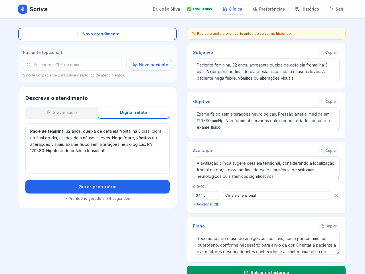 Dashboard do Scriva AI Scribe mostrando um prontuário SOAP gerado automaticamente